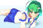  ahoge bad_id bad_pixiv_id blush detached_sleeves frog_hair_ornament full_body gradient gradient_background green_eyes green_hair hair_ornament highres japanese_clothes kneehighs kochiya_sanae long_sleeves looking_at_viewer looking_up lying miko nanahi_toshi on_stomach shirt short_hair skirt smile snake_hair_ornament solo touhou white_legwear wide_sleeves 