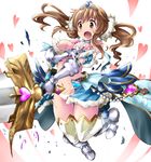  armor blush breasts brown_eyes brown_hair gauntlets granblue_fantasy heart idolmaster idolmaster_cinderella_girls large_breasts open_mouth shirai_sanjirou solo sword thighhighs torn_clothes totoki_airi twintails weapon 