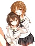  ;d alternate_costume bad_id bad_pixiv_id black_hair blush brown_eyes brown_hair commentary_request girls_und_panzer hand_on_another's_shoulder holding_hands looking_at_viewer multiple_girls neckerchief nishizumi_maho nishizumi_miho one_eye_closed ooarai_school_uniform open_mouth pleated_skirt school_uniform serafuku short_hair siblings sisters skirt smile tsukigami_runa 