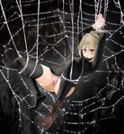  arms_up bad_id bad_pixiv_id banned_artist black_legwear blonde_hair boots bottomless hanging highres kurodani_yamame long_sleeves looking_at_viewer naked_sweater open_mouth pussy restrained ribbed_sweater silk solo spider_web spread_legs sweater thighhighs thighs touhou tsushima_(kaikyo) uncensored yellow_eyes 