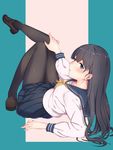  arm_support black_hair black_legwear blue_eyes blush highres kyuuso_inukami legs loafers long_hair looking_at_viewer looking_back lying neckerchief on_back open_mouth original pantyhose pleated_skirt school_uniform serafuku shoes skirt solo 
