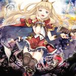  :d bangs black_legwear blonde_hair blue_eyes blunt_bangs book cagliostro_(granblue_fantasy) cape crown fang floating floating_book floating_object gears granblue_fantasy grimoire hand_on_own_face long_hair looking_at_viewer open_book open_mouth roman_numerals shoes shunatsu_(shisui) skirt smile solo standing standing_on_one_leg thighhighs very_long_hair zettai_ryouiki 