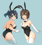  animal_ears ass back bare_shoulders black_hair blue_background blue_eyes breasts brown_eyes brown_hair bunny_ears bunnysuit cleavage cropped_legs detached_collar elbow_gloves fake_animal_ears gloves hand_on_own_chest highres hiryuu_(kantai_collection) kanabun kantai_collection large_breasts leotard looking_back multiple_girls one_side_up short_hair side_ponytail souryuu_(kantai_collection) thighhighs twintails white_gloves white_legwear 