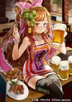  alcohol bare_shoulders beer beer_mug blue_eyes bow bracelet brand_name_imitation breasts brown_hair budweiser cleavage clothes_writing cup dress earrings eating eyelashes food food_on_face fork hair_bow hair_ornament hair_ribbon holding holding_cup jewelry long_hair mayo_(becky2006) medium_breasts necklace official_art plate ribbon sausage sitting solo steam strapless strapless_dress tenka_touitsu_chronicle thighhighs tube_dress very_long_hair zettai_ryouiki 