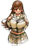  alternate_breast_size blush breasts brown_eyes brown_hair cowboy_shot jewelry kantai_collection large_breasts long_hair midriff ooi_(kantai_collection) open_mouth remodel_(kantai_collection) ring sachito school_uniform simple_background skirt solo sweatdrop uniform wedding_band white_background 