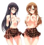  :&lt; amakusa_shino black_hair blush breast_squeeze breasts brown_eyes brown_hair brown_skirt closed_mouth collarbone covering covering_breasts covering_nipples cowboy_shot fuyube_rion hair_between_eyes highres large_breasts long_hair looking_at_viewer md5_mismatch multiple_girls navel nose_blush plaid plaid_skirt seitokai_yakuindomo shichijou_aria simple_background skirt standing stomach tareme thigh_gap topless tsurime v-shaped_eyebrows very_long_hair white_background 