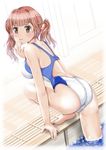  :d arm_support ass back back_cutout bangs barefoot blunt_bangs breasts brown_eyes competition_swimsuit crotch_seam eyebrows eyebrows_visible_through_hair eyelashes from_behind hair_tie highleg highleg_swimsuit highres large_breasts looking_at_viewer mashinatsu one-piece_swimsuit open_mouth original pool poolside red_hair smile solo swimsuit twintails water wet 