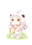  ahoge c: chibi commentary_request dress flower highres hinata_yuu holding horns kantai_collection long_hair looking_at_viewer mittens northern_ocean_hime orange_eyes shinkaisei-kan sitting smile solo wariza white_dress white_hair white_skin 