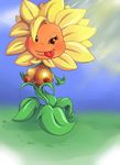  big_breasts blush breasts brown_eyes cleavage clothed clothing female flora_fauna flower nipples nolegal plant plants_vs_zombies smile solo sunflower tongue tongue_out 