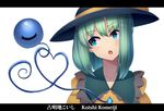  blue_eyes character_name eyeball green_hair hat hat_ribbon heart heart_of_string kanibaru komeiji_koishi letterboxed looking_to_the_side open_mouth ribbon shirt short_hair simple_background solo string third_eye touhou upper_body white_background 