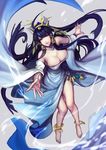  animal_ears anklet bangs bare_shoulders barefoot black_hair blue_eyes blue_hair blunt_bangs breasts cat_ears cleavage closed_mouth detached_sleeves dress egyptian floating_hair full_body gem grey_background hair_tubes hairband head_wings heart isis_(p&amp;d) jewelry large_breasts long_hair outstretched_arms puzzle_&amp;_dragons reaching ring side_slit smile solo star visible_air white_dress wind zeroshiki_kouichi 