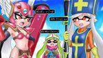  3girls aori_(splatoon) armor bangs bikini_armor black_hair blunt_bangs bodysuit breasts cape commentary cosplay crossover day domino_mask dragon_quest dragon_quest_iii eye_contact fang fighter_(dq3) fighter_(dq3)_(cosplay) flying_sweatdrops gloves green_hair gun hand_on_hip hat helmet hotaru_(splatoon) inkling long_hair looking_at_another mask multiple_girls navel open_mouth orange_bodysuit orange_eyes paint_roller pointy_ears priest_(dq3) priest_(dq3)_(cosplay) rifle roto roto_(cosplay) sharp_teeth sky small_breasts sniper_rifle soldier_(dq3) splatoon_(series) splatoon_1 squidbeak_splatoon sweatdrop takobe teeth tentacle_hair translated weapon white_hair winged_helmet 