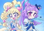  :d :t absurdres ahoge asahina_mirai black_hat blonde_hair braid bridal_gauntlets choker commentary_request cure_magical cure_miracle hair_ornament hat heart heart_hair_ornament highres izayoi_liko magical_girl mahou_girls_precure! mini_hat mini_witch_hat multiple_girls navel open_mouth otokamu pink_hat precure purple_eyes purple_hair sapphire_style smile upper_body witch_hat 