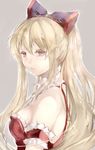  bangs bare_shoulders blonde_hair bow breasts expressionless frills from_side granblue_fantasy grey_background hair_between_eyes hair_bow hair_over_shoulder long_hair looking_at_viewer medium_breasts parted_lips ponytail shunatsu_(shisui) sidelocks solo upper_body vira_lilie 