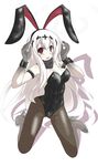  aircraft_carrier_water_oni alternate_costume animal_ears armband bangs breasts bunny_ears bunnysuit cleavage commentary_request detached_collar goma_(gomasamune) hair_between_eyes hair_ornament hands_up high_heels highres kantai_collection kneeling large_breasts long_hair looking_at_viewer open_mouth pantyhose red_eyes shadow shinkaisei-kan solo white_hair wrist_cuffs 