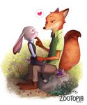  &lt;3 2016 anthro barefoot berry blush canine claws clothing disney duo eye_contact female food fox fruit fur green_eyes grey_fur half-closed_eyes inner_ear_fluff judy_hopps lagomorph long_ears male mammal nick_wilde on_lap orange_fur outside police_uniform purple_eyes rabbit sitting size_difference smile toe_claws uniform zootopia アンコヨム 