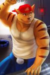  2015 7theaven absurd_res anthro backwards_baseball_cap baseball_cap biceps big_muscles brown_fur brown_nose cat chain chance_furlong clothed clothing detailed_background feline front_view fully_clothed fur hat hi_res inside looking_away male mammal multicolored_fur muscular muscular_male pants pecs puddle raised_arm shirt signature smile solo stripes swat_kats sweat tank_top two_tone_fur yellow_fur 