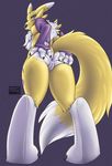  2016 anus blue_eyes breasts bridal_gauntlets butt canine chest_tuft digimon female fluffy_tail fox fur looking_at_viewer looking_back mammal mistystriker mostly_nude nipples nude pussy rear_view renamon smile solo spread_butt spreading tuft white_fur white_sclera yellow_fur 