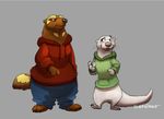  2016 anthro blush brown_fur claws clothed clothing conditional_dnp disney duo female fur hindpaw hoodie male mammal mustelid otter otterface pants partially paws sefeiren standing thick_tail whiskers white_fur wolverine zootopia 