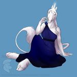  2016 alyssa_(lonewolf69) anthro blue_background clothed clothing cyan_eyes dress equine female fur hair hooves horn mammal simple_background sitting solo spartadog unicorn white_fur white_hair 