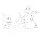  animal_crossing bikini breasts bronzestew canine caprine cleavage clothed clothing crossover dog fangs female goat horn isabelle_(animal_crossing) mammal monochrome nintendo sand_castle sculpture swimsuit thick_thighs toriel undertale video_games 