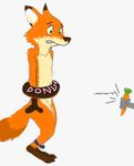  2016 anthro bdsm bondage bonwolf bound canine claws clenched_teeth dipstick_tail disney doughnut female food fox fur gloves_(marking) green_eyes interspecies judy_hopps lagomorph looking_down male mammal markings multicolored_tail navel necktie nick_wilde nude rabbit simple_background size_difference socks_(marking) stuck teeth text toe_claws zootopia 