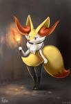 2016 3_fingers black_fur black_legs braixen canine chest_tuft dipstick_tail fennec fire fluffy_tail fox fur hi_res inner_ear_fluff looking_at_viewer magic mammal multicolored_tail nintendo pointy_ears pok&eacute;mon portrait red_eyes red_fur red_nose ryuma210 signature solo standing stick tagme tuft twig video_games white_fur yellow_fur りゅま 