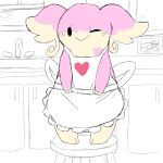  ambiguous_gender apron audino clothed clothing digital_media_(artwork) drmyro fur inside kitchen looking_at_viewer multicolored_fur nintendo one_eye_closed picture_frame pink_fur pok&eacute;mon pok&eacute;mon_(species) semi-anthro simple_background sink sketch smile solo standing stool sun tan_fur two_tone_fur video_games white_background window wink 