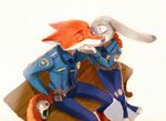  2016 anthro barefoot bench canine claws clothing coffee_cup crossed_legs cute disney duo eyes_closed female fox fur grey_fur hand_behind_back heartwarming judy_hopps kissing lagomorph long_ears male mammal nick_wilde orange_fur police_uniform predator/prey rabbit size_difference uniform weketa zootopia 