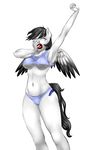  2016 anthro arm_above_head big_breasts black_feathers black_hair breasts clothed clothing covering_mouth cutie_mark equine fan_character feathered_wings feathers female freckles fur hair horse mammal my_little_pony navel one_eye_closed open_mouth panties partially_clothed pegasus pia-sama pony shirt simple_background solo stretching suggestive tank_top tongue under_boob underwear white_background white_feathers white_fur wide_hips wings yawn 