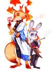  2016 anthro barefoot canine claws clothing dipstick_tail disney duo female fishnet fishnet_legwear food fox fur gintama green_eyes grey_fur judy_hopps lagomorph leaf legwear long_ears looking_at_viewer male mammal multicolored_tail nick_wilde orange_fur popsicle predator/prey purple_eyes rabbit robe simple_background size_difference smile smoking_pipe toe_claws zootopia 怨 