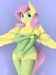  2016 absurd_res almondhusky anthro anthrofied blush clothed clothing elbow_gloves equine feathered_wings feathers female fluttershy_(mlp) friendship_is_magic gloves hair hi_res legwear long_hair mammal my_little_pony pegasus pink_hair simple_background smile solo teal_eyes thigh_highs wings 