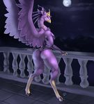  2016 absurd_res anthro avian balcony barefoot beak big_butt black_claws blue_eyes breasts butt claws clothed clothing cloud crown feathered_wings feathers female full_moon half-closed_eyes hi_res lingerie looking_at_viewer looking_back moon mountain night outside purple_feathers rear_view side_boob skimpy sky solo standing star toe_claws wings zerolativity 