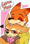  2016 blush border brown_eyes canine clothing cuddling dialogue disney duo eyes_closed fennec finnick fox frown inner_ear_fluff looking_back male male/male mammal nick_wilde saku1saya simple_background size_difference smile sweat sweatdrop zootopia 