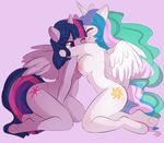  2016 anthro anthrofied areola big_breasts blush breast_squish breasts breasts_frottage cutie_mark duo equine eyes_closed feathered_wings feathers female female/female friendship_is_magic hair horn hug kneeling long_hair mammal multicolored_hair my_little_pony nipples nude one_eye_closed princess_celestia_(mlp) purple_eyes rainbowclops simple_background smile twilight_sparkle_(mlp) underhoof winged_unicorn wings 