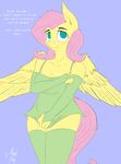  2016 absurd_res almondhusky anthro anthrofied blush clothed clothing dialogue elbow_gloves english_text equine feathered_wings feathers female fluttershy_(mlp) friendship_is_magic gloves hair hi_res legwear long_hair mammal my_little_pony pegasus pink_hair simple_background smile solo text thigh_highs wings 
