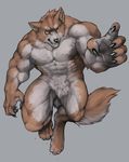  2016 4_toes abs biceps big_muscles brown_fur canine claws clenched_teeth digital_media_(artwork) digitigrade fangs fighting_stance flakjacket0204 fluffy_tail full-length_portrait fur grey_background hi_res huge_muscles looking_at_viewer male mammal multicolored_fur muscular nude orange_sclera pecs portrait pubes simple_background solo teeth toes two_tone_fur vein were werewolf 