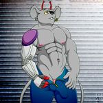  abs alien antennae anthro athletic belt biceps big_muscles biker_mice_from_mars black_nose bulge clothed clothing ear_piercing eye_patch eyewear fabfelipe fur grey_fur hi_res lying male mammal modo mouse muscular muscular_male on_back pants piercing pinup pose red_eyes robotic_arm rodent solo standing teeth undressing zipper 