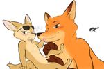  2016 anthro blush canine dialogue disney duo english_text eyewear fennec finnick fox grope inner_ear_fluff looking_away male male/male mammal nick_wilde nude reclining side_view signature sitting size_difference speech_bubble sunglasses text tohfu tongue tongue_out tsundere zootopia 