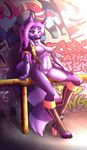  2016 anthro boots breasts canine clothing collaboration female footwear graffiti hi_res jacket mammal nipples nokkur open_jacket rotarr sallyhot smile solo wolfy-nail 