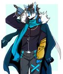  anthro bearlovestiger13 black_hair blue_eyes canine clothing dog duce earphone falchion flamingiceberg56 hair heterochromia husky invalid_tag jacket jewelry male mammal melee_weapon necklace red_eyes scarf shotgun_gauntlet sword weapon 