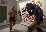  2015 abs action_pose anthro bovine bulge canine cattle clothed clothing dog duo fight graffiti horn male mammal monds muscular muscular_male nipples one_eye_closed open_mouth pecs pitbull shorts standing topless 