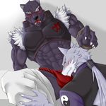  abs akuann anthro blush canine clothed clothing feline fenrir_(shining_blade) fundoshi japanese_clothing male male/male mammal muscular pants_down partially_clothed pecs shining_(series) shining_force simple_background underwear video_games white_background wolf 