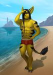  2015 abs athletic beach black_hair bulge clothed clothing collar eric fur hair hair_over_eye hi_res lombax male monds muscular muscular_male navel navel_piercing nipple_piercing nipples piercing ratchet_and_clank sand sea seaside shorts spiked_collar stripes swimming_trunks swimsuit tattoo topless video_games walking water yellow_fur ♂ 