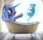  2016 absurd_res bathtub blue_hair curtains duo equine female feral friendship_is_magic hair hi_res horn inside levitation magic mammal marsupial my_little_pony open_mouth opossum pink_nose plotcore princess_luna_(mlp) tiberius_(mlp) unicorn 