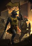  2015 angry anthro armor black_fur bovine castle cattle clenched_teeth fire fur group hi_res horn male mammal melee_weapon monds scar shield soldier standing sword teeth walking weapon 