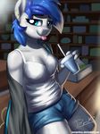  2016 absurd_res anthro beverage blue_eyes blue_hair breasts burgerkiss cleavage clothed clothing ear_piercing equine eyeshadow fan_character female food hair half-closed_eyes hi_res horse inside jacket looking_at_viewer makeup mammal my_little_pony piercing pony sapphire_(oc) shorts smile solo tongue tongue_out tongue_piercing 
