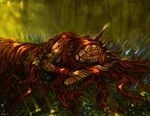  anthro eyes_closed feline female flower forest hair horn leopard lying mammal maquenda nimmeth plant red_hair sleeping solo tree 