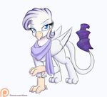  2016 alasou alternate_species avian blue_eyes feathered_wings feathers female feral friendship_is_magic gryphon hi_res looking_at_viewer my_little_pony rarity_(mlp) scarf simple_background solo tail_tuft tuft wings 