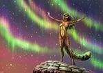  anthro aurora_borealis breasts brown_hair feline female hair leopard long_hair mammal maquenda nipples nude raised_hands sky snow snow_leopard solo standing 